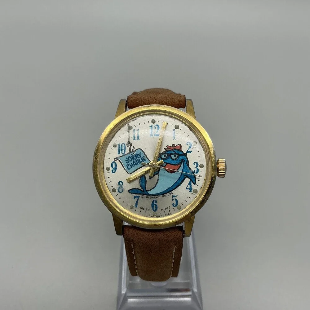 Vintage Star-Kist Charlie Tuna Mens Watch 35mm Logo Dial Leather Manual Wind